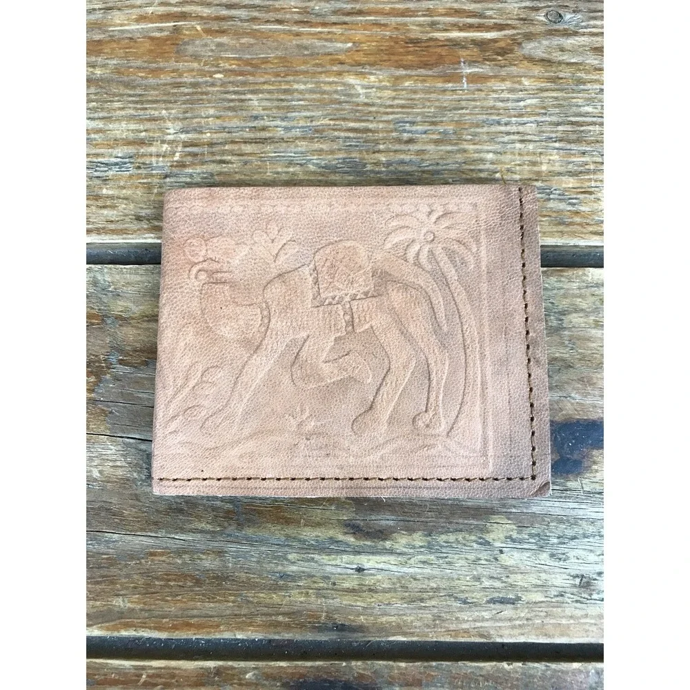Vintage Handmade Hand Tooled Embossed Brown Leather Wallet Camel